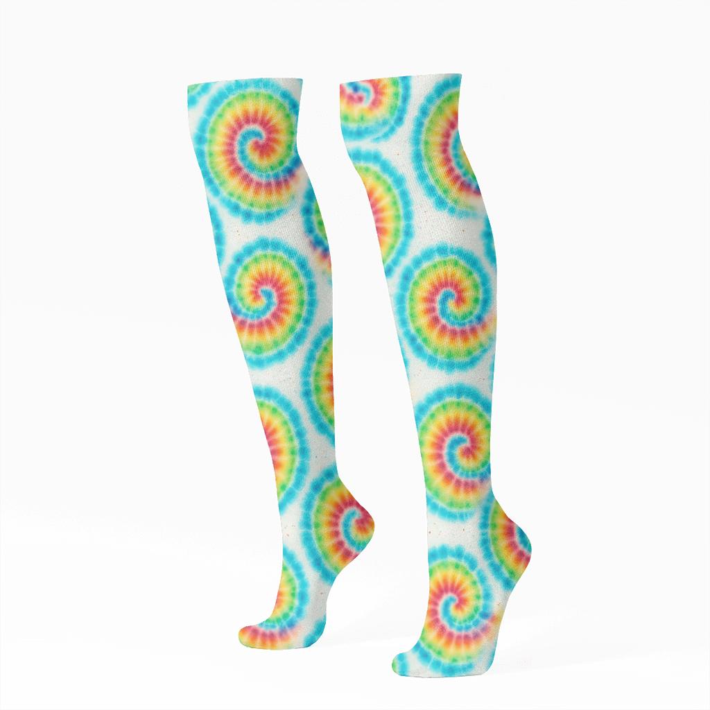 Rainbow Spiral Whorl Grid On White Background soft everyday knee-high socks