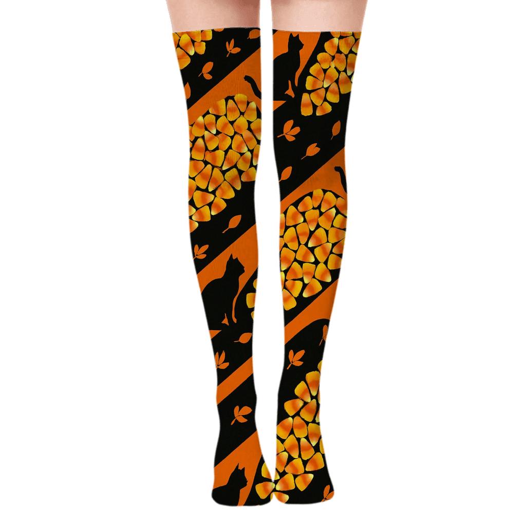 Diagonal Candy Corn Stripe On Black Background stylish fashion over-the-knee socks