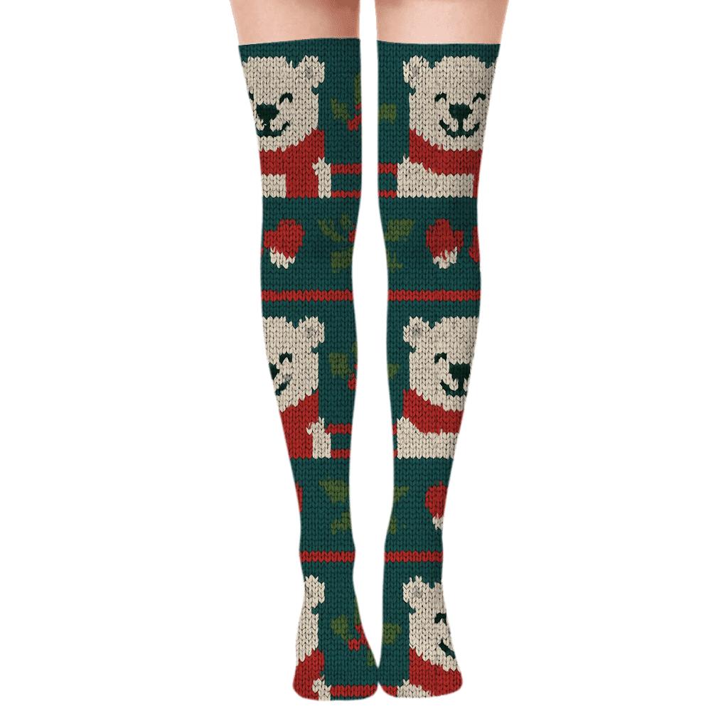 White Polar Bear Stripe Band unique graphic over-the-knee socks