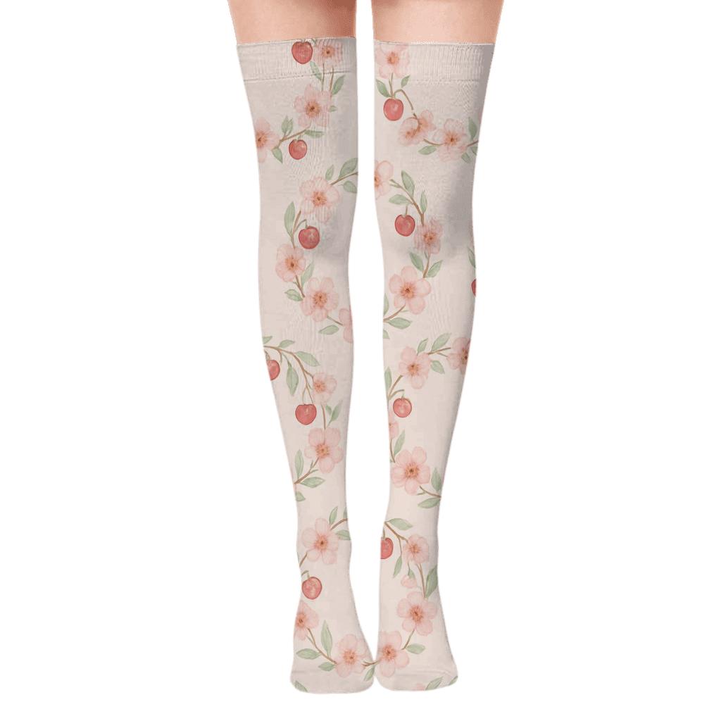 Cherry Blossom Wreath Repeat On Pale Pink unique graphic over-the-knee socks