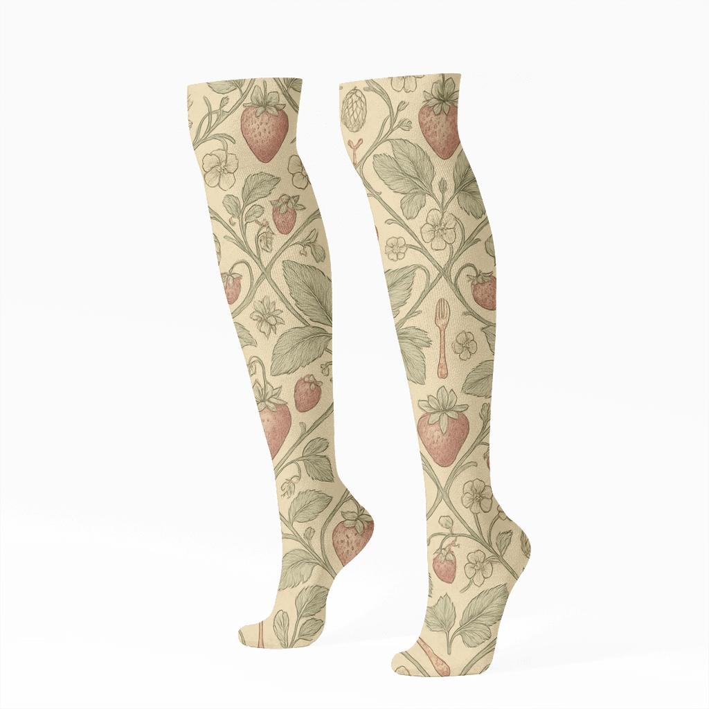 Vintage Botanical Strawberry Lattice premium sports knee-high socks
