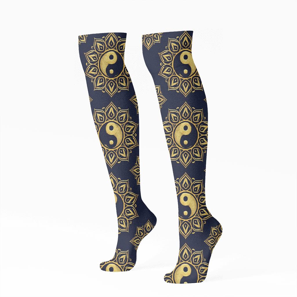 Radial Duality Mandala On Deep Indigo unique graphic knee-high socks