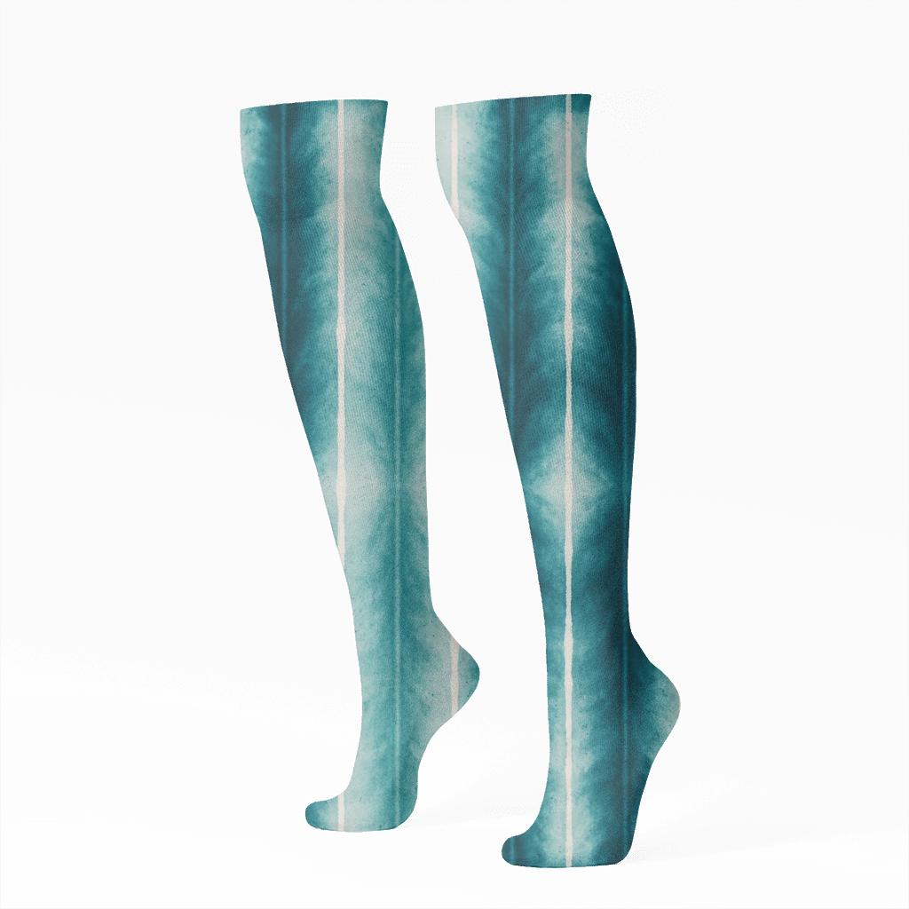 Teal Ombre Fold Resist Repeating Motif On Light Gray unique graphic knee-high socks