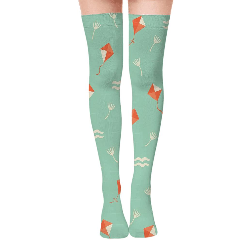 Kite And Seed Pod Breeze On Mint Sky premium cozy over-the-knee socks
