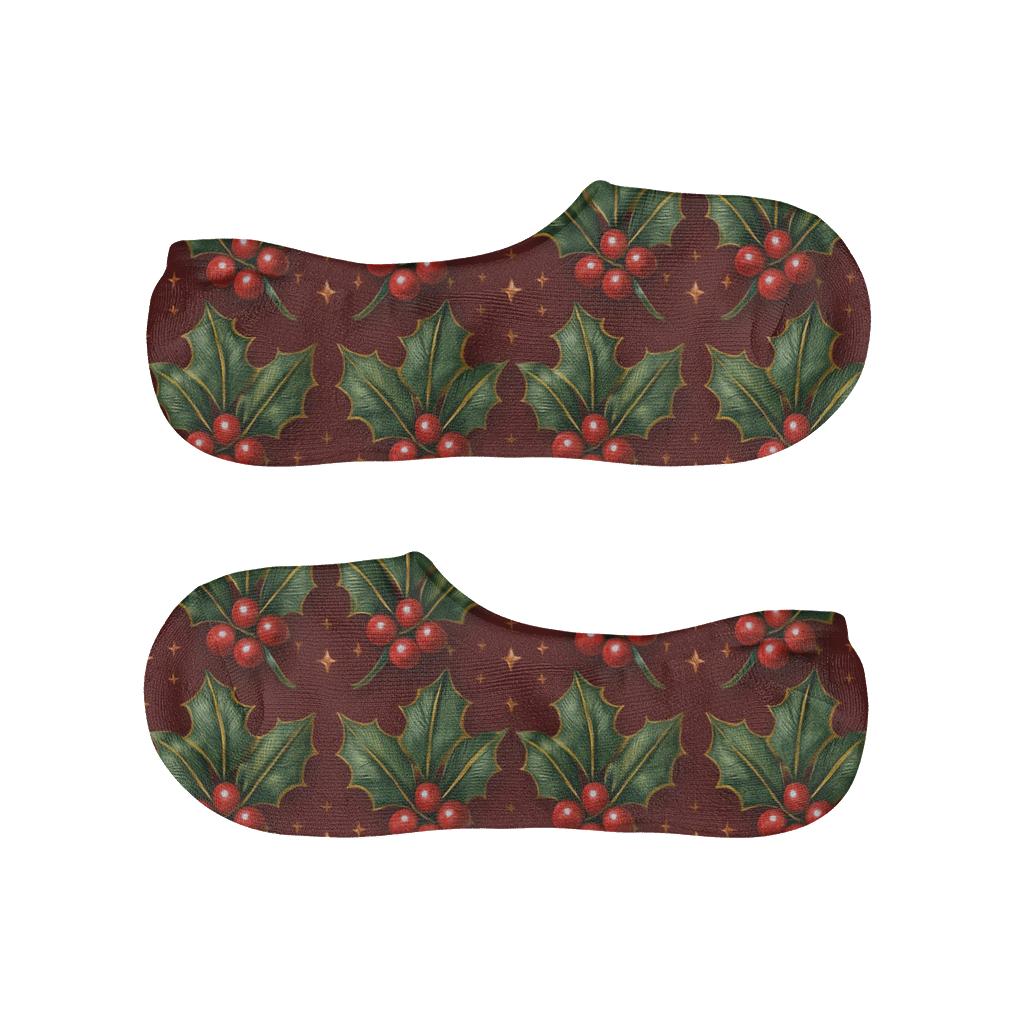 Verdant Holly Grid On Deep Red Background low cut no-show socks