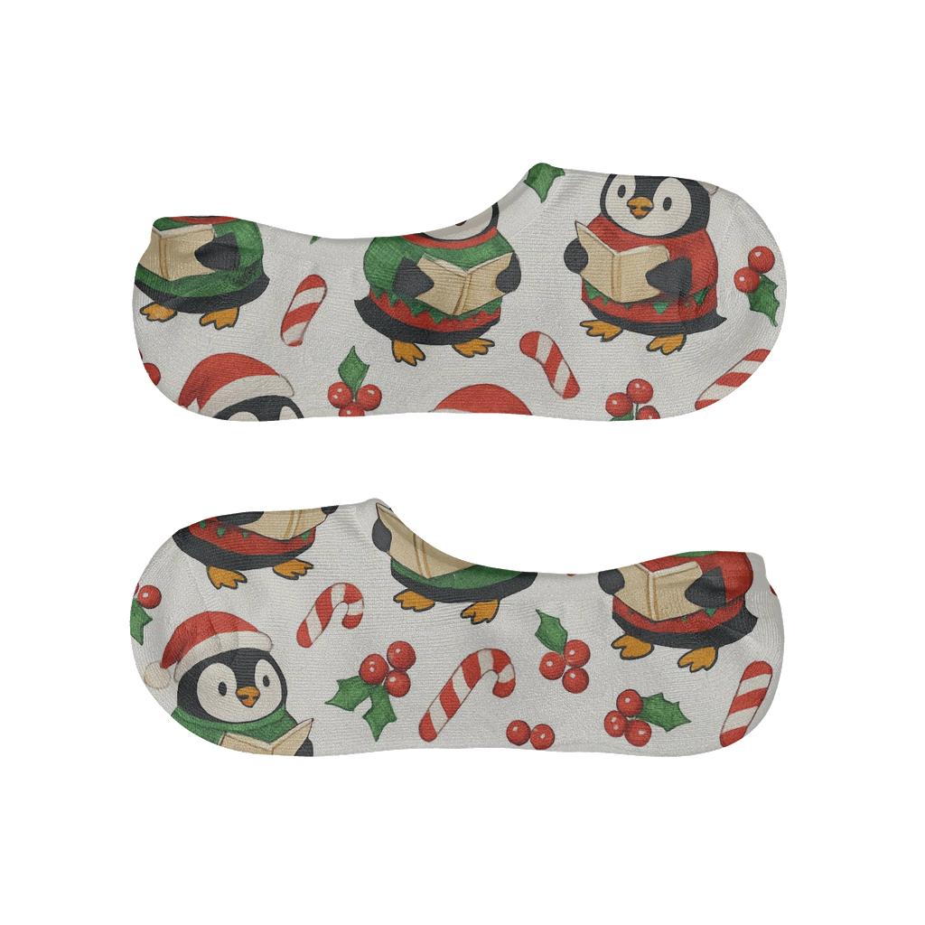 Penguin Carolers Scatter On Candy Stripe soft cotton no-show socks