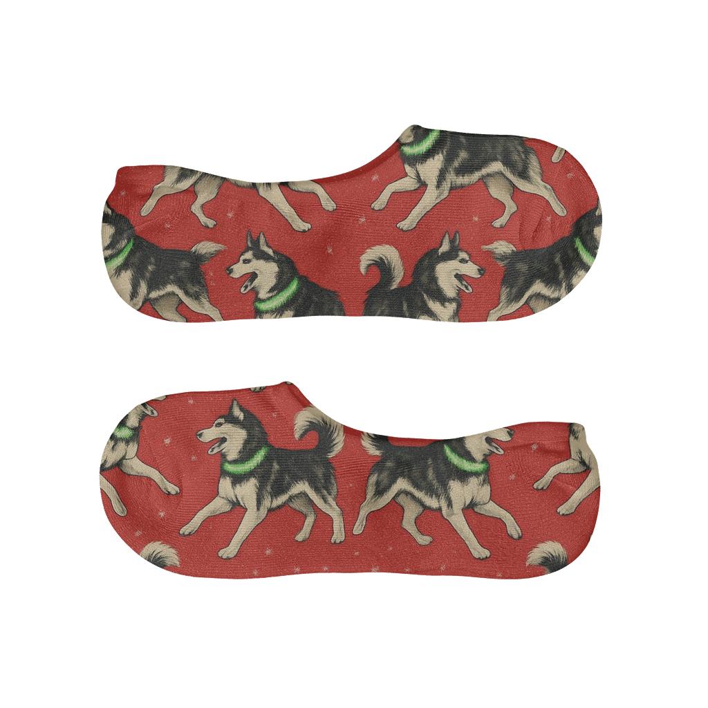 Holiday Husky Mirror Pair On Crimson low cut no-show socks