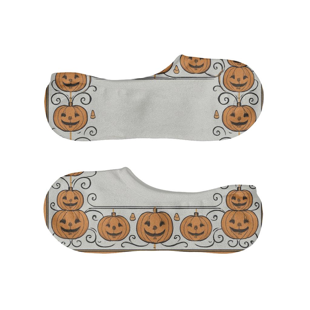Carved Pumpkin Border Pattern On White Background designer printed no-show socks