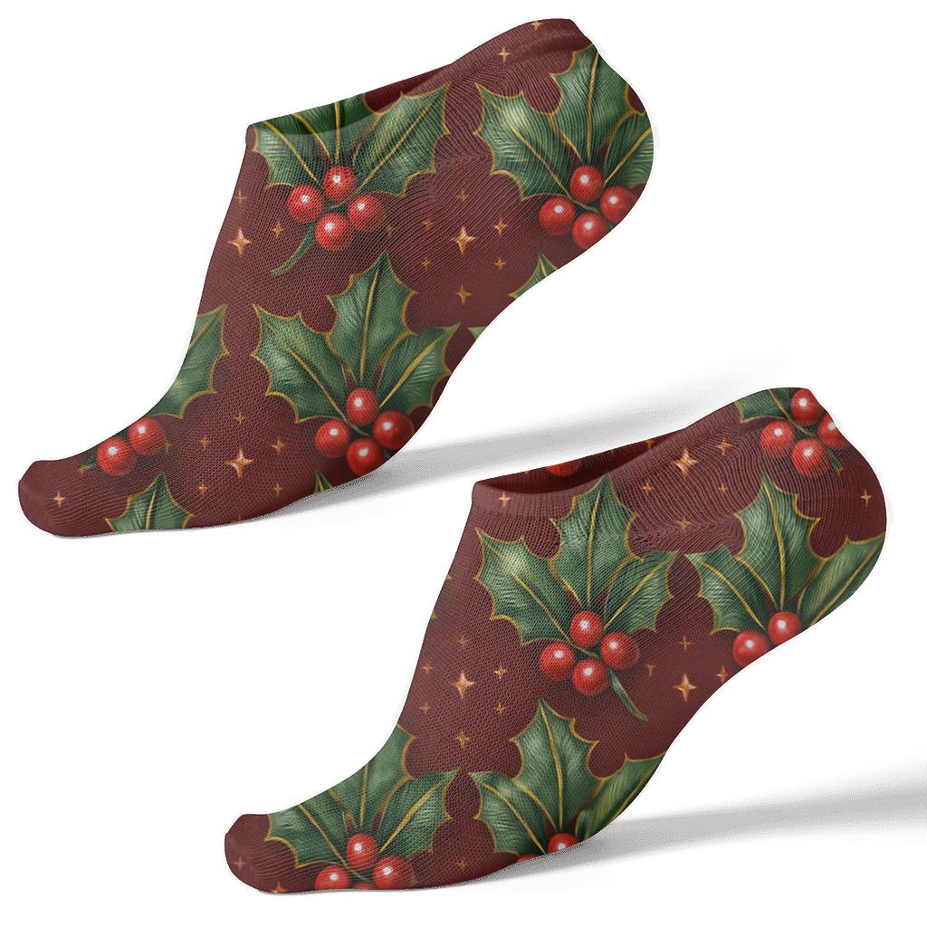 Verdant Holly Grid On Deep Red Background comfortable cotton ankle socks