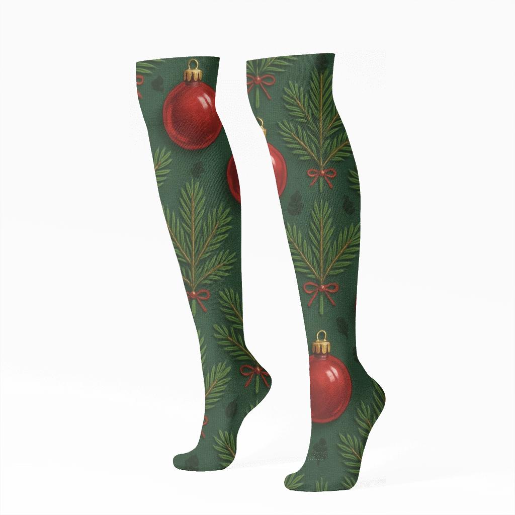 Evergreen Ornament Grid On Deep Green designer print knee-high socks