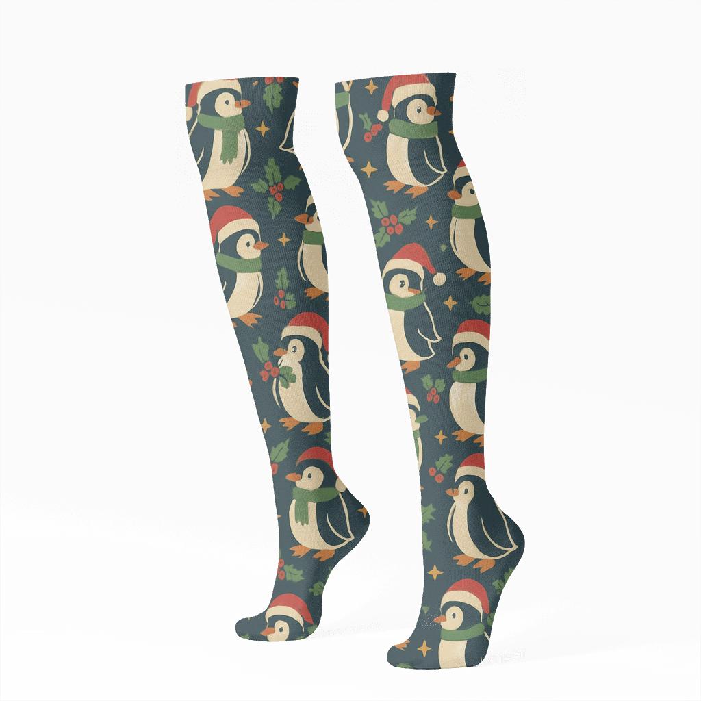Festive Penguin Tile Grid trendy patterned knee-high socks