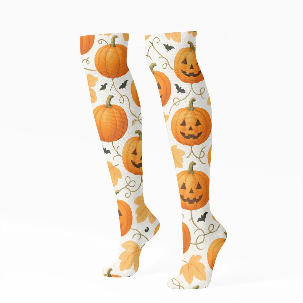 Pumpkin Patch Repeating Grid On White Background designer print knee-high socks