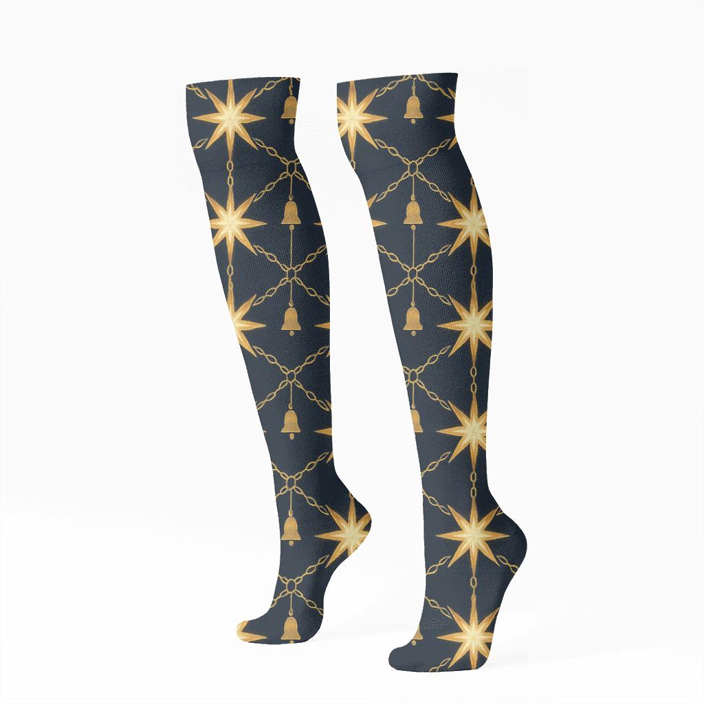 Golden Star Lattice On Midnight Blue stylish athletic knee-high socks