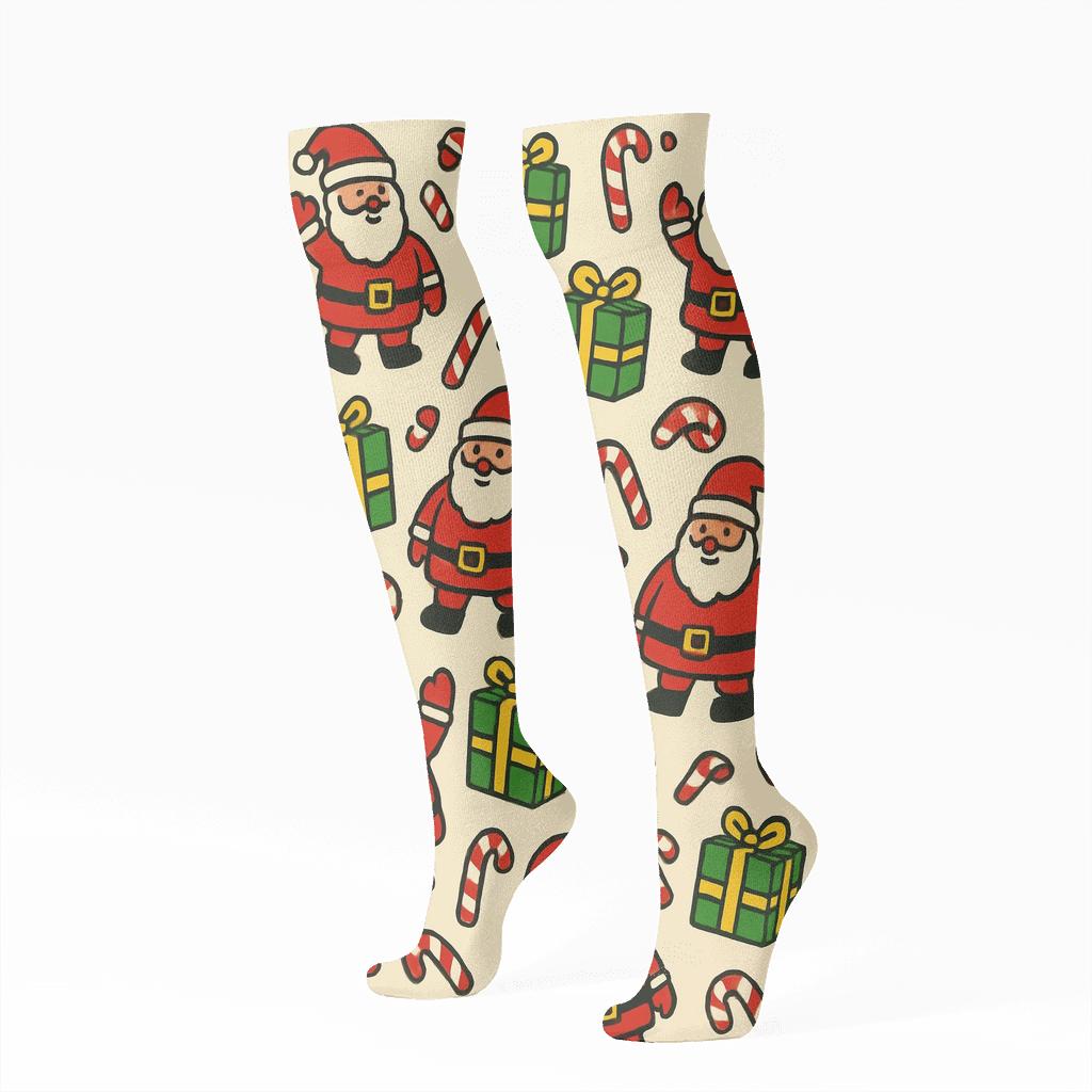 Xmas Santa Scatter On Ivory stylish athletic knee-high socks