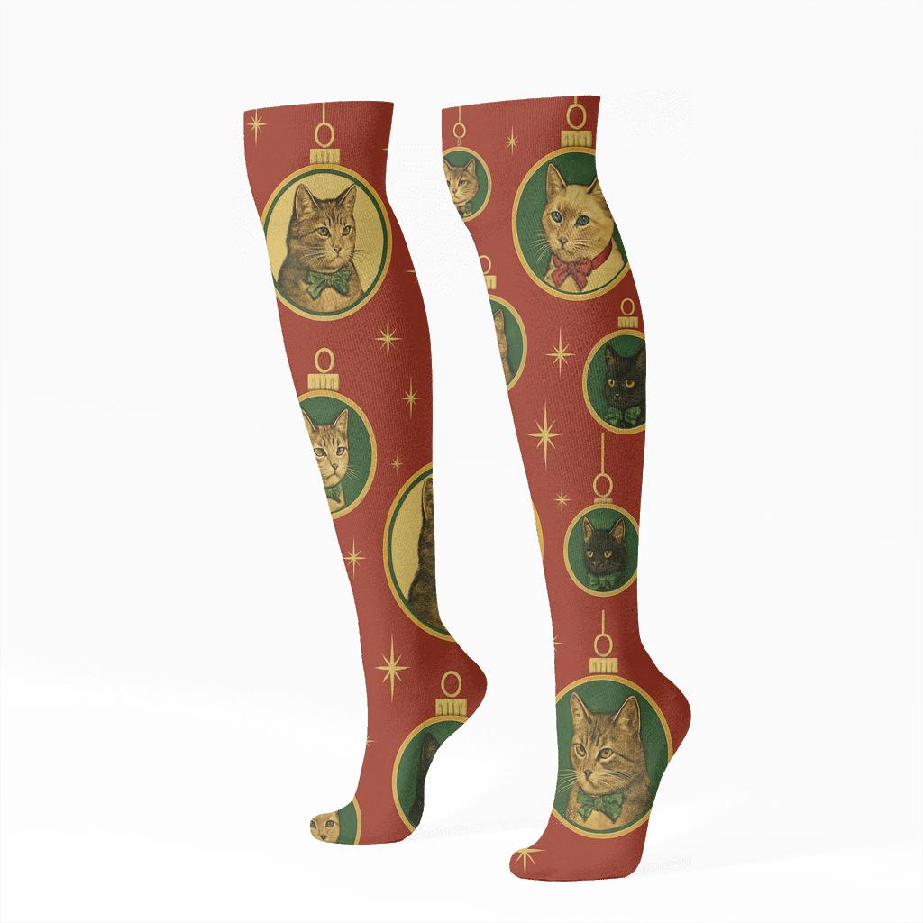Ornament Cat Scatter On Festive Red personalized knee-high socks