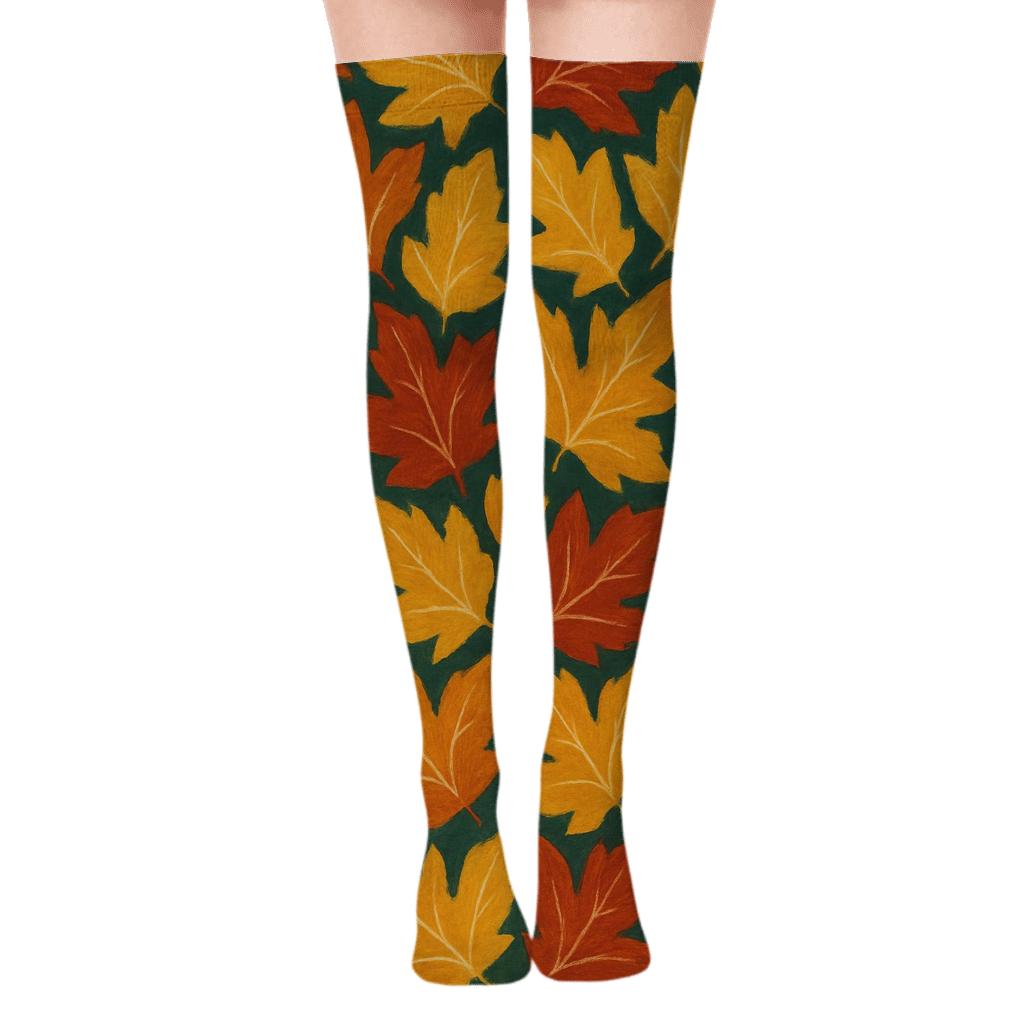 Golden Maple Tessellation On Deep Teal soft everyday over-the-knee socks