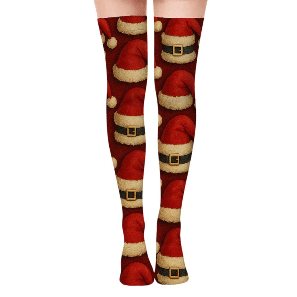 Santa Hat Grid Classic comfortable cotton over-the-knee socks