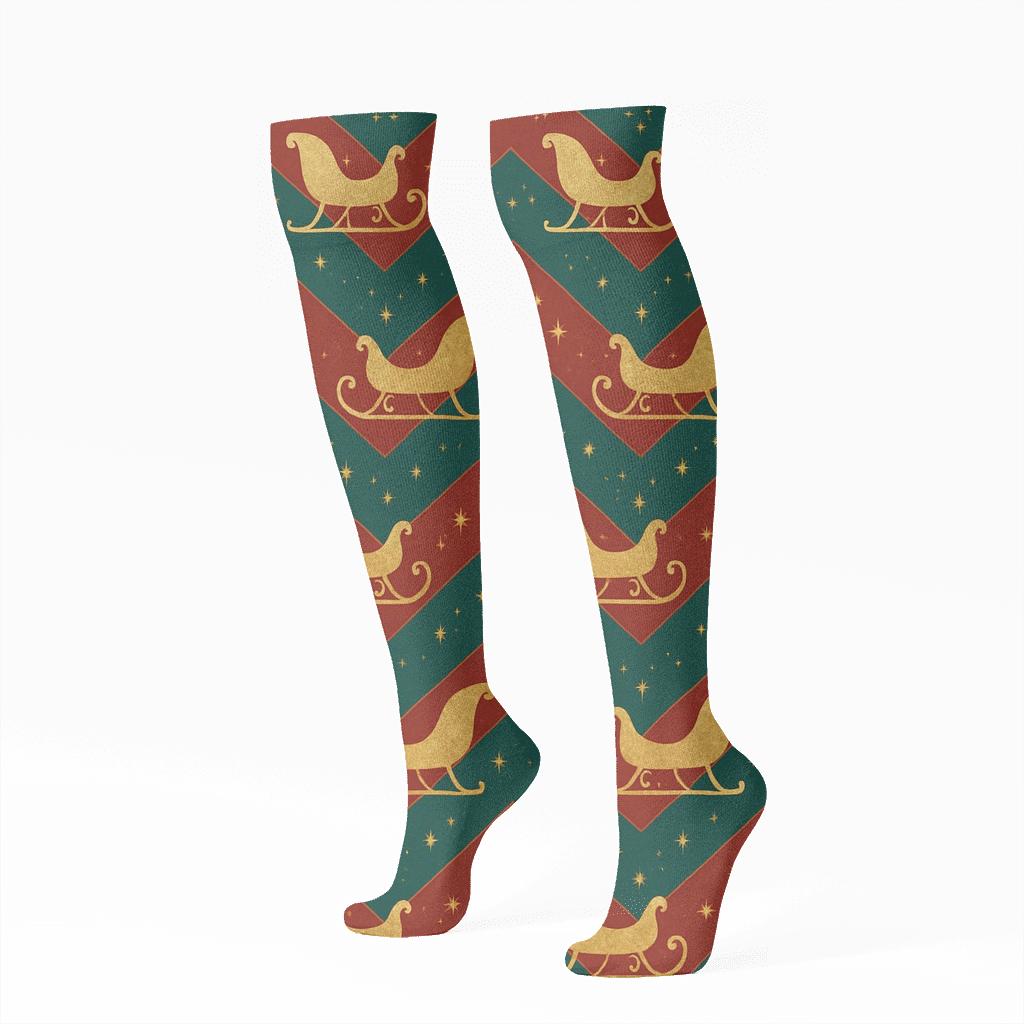 Santa Sleigh Chevron Christmas designer print knee-high socks