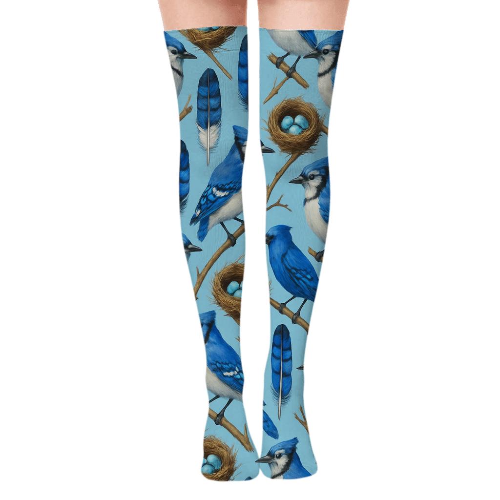Blue Jay Feather Lattice On Sky Blue stylish fashion over-the-knee socks