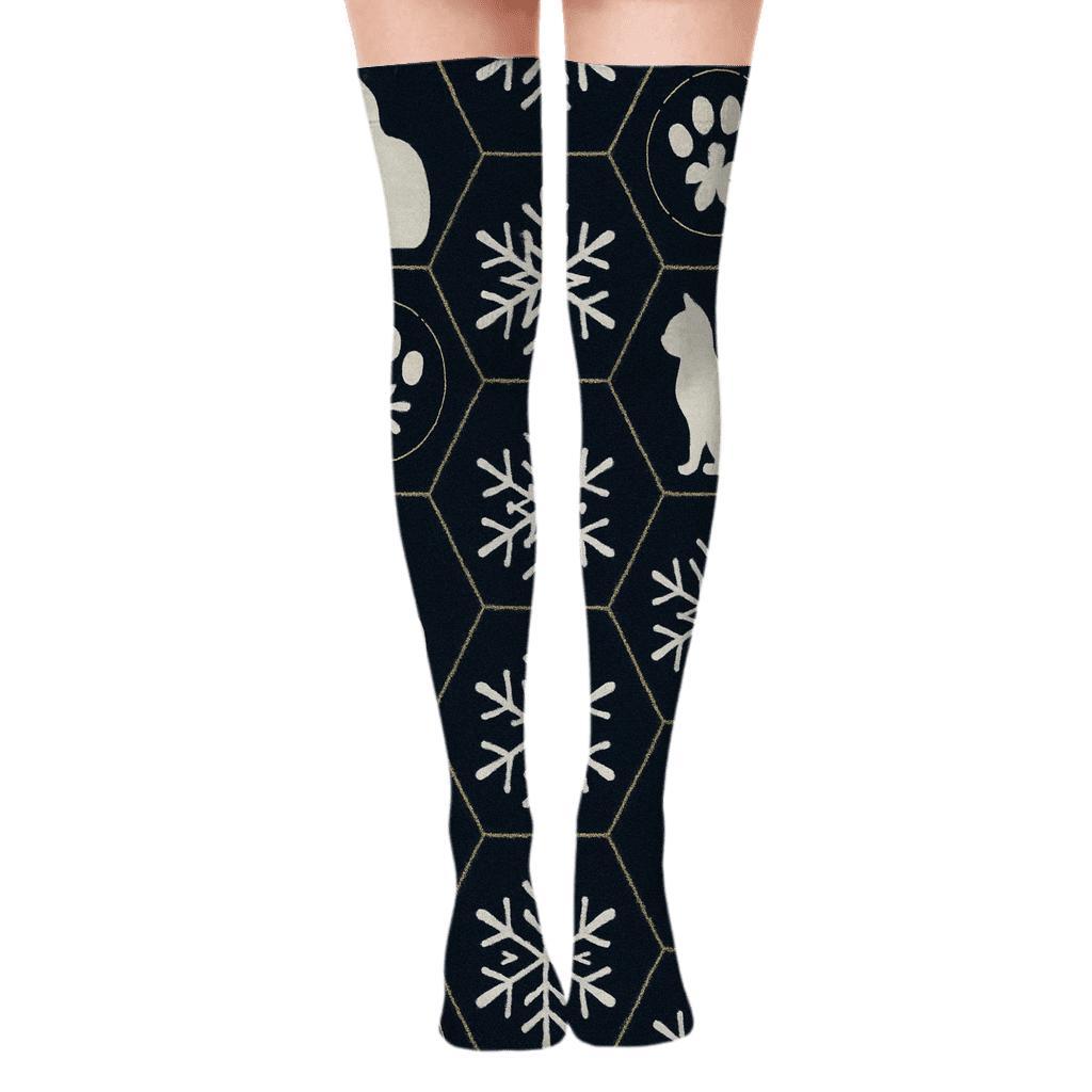 Snowflake Paw Tessellation On Midnight stylish fashion over-the-knee socks