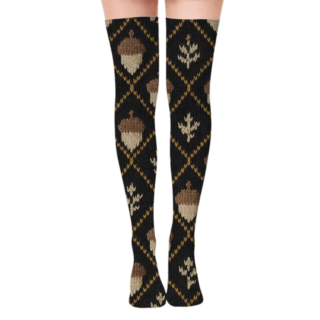 Knitted Acorn Lattice On Charcoal comfortable cotton over-the-knee socks