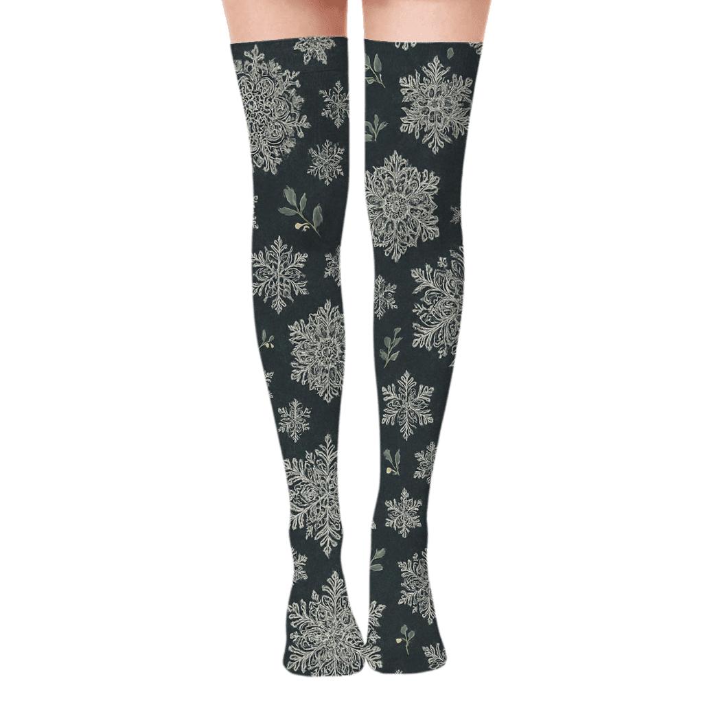 Snowflake Medallion Scatter On Charcoal unique graphic over-the-knee socks