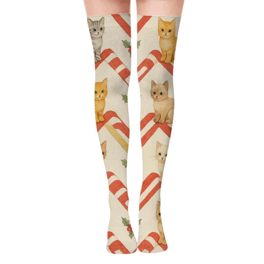 Candy Cane Cat Chevron On Ivory personalized over-the-knee socks