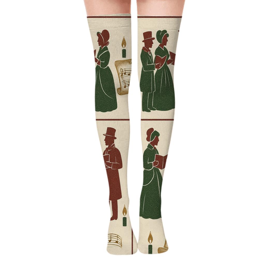 Carolers Silhouette Border On Ivory trendy patterned over-the-knee socks