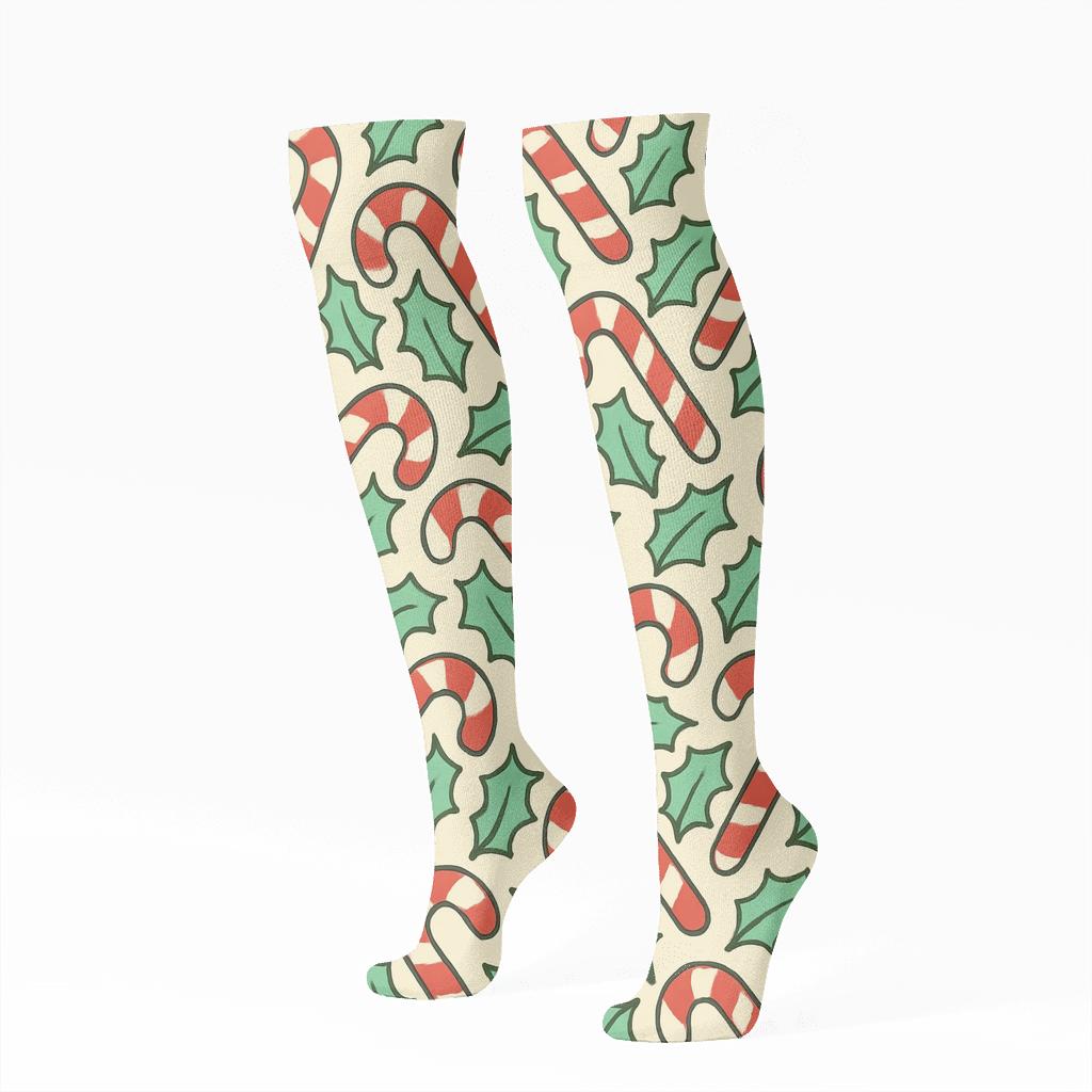 Xmas Candy Cane Wave Array comfortable cotton knee-high socks