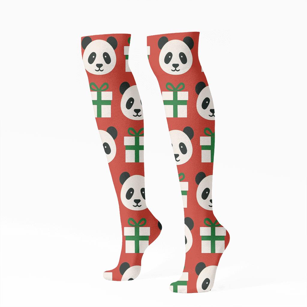 Panda Gift Box Grid unique graphic knee-high socks
