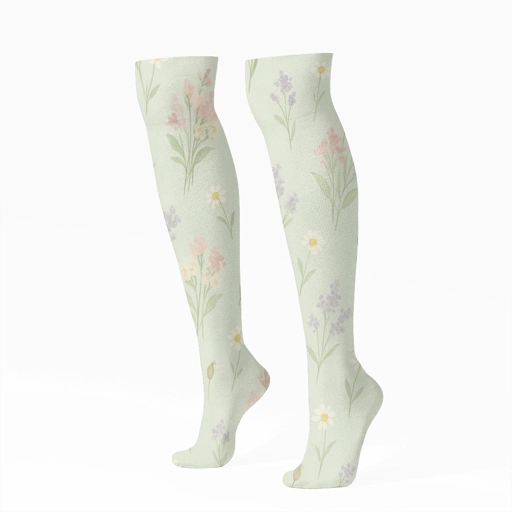 Watercolor Wildflower Scatter On Light Sage Background comfortable cotton knee-high socks