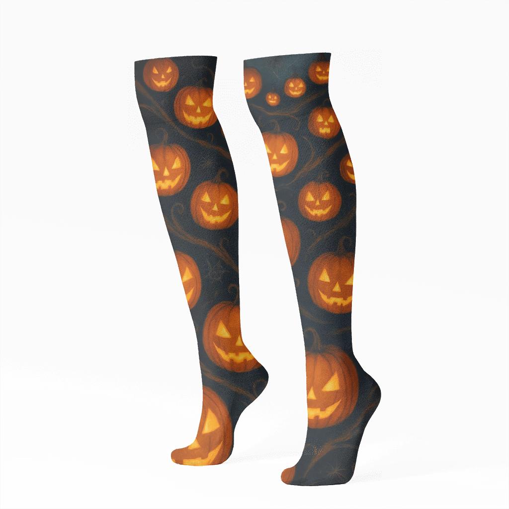 Diagonal Jack O Lantern Wave On Black Background custom knee-high socks