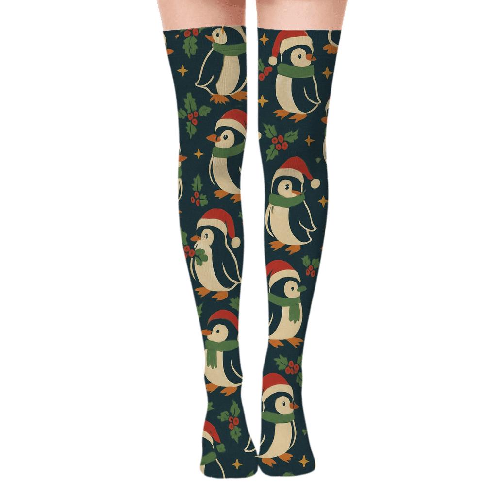 Festive Penguin Tile Grid soft everyday over-the-knee socks