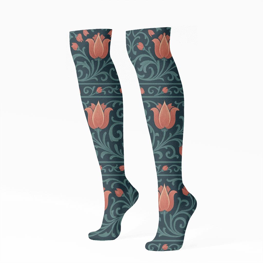 Tulip Band And Border On Navy Blue Background custom knee-high socks