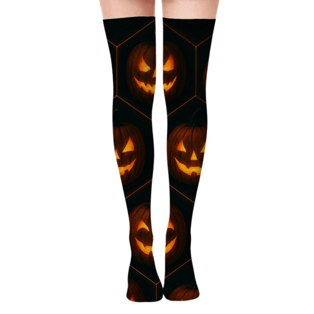 Glowing Jack O Lantern Hexagonal Tile On Black Background stylish fashion over-the-knee socks