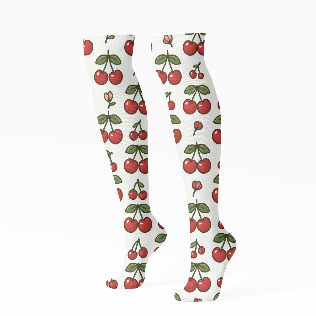 Glossy Paired Cherry Grid trendy patterned knee-high socks
