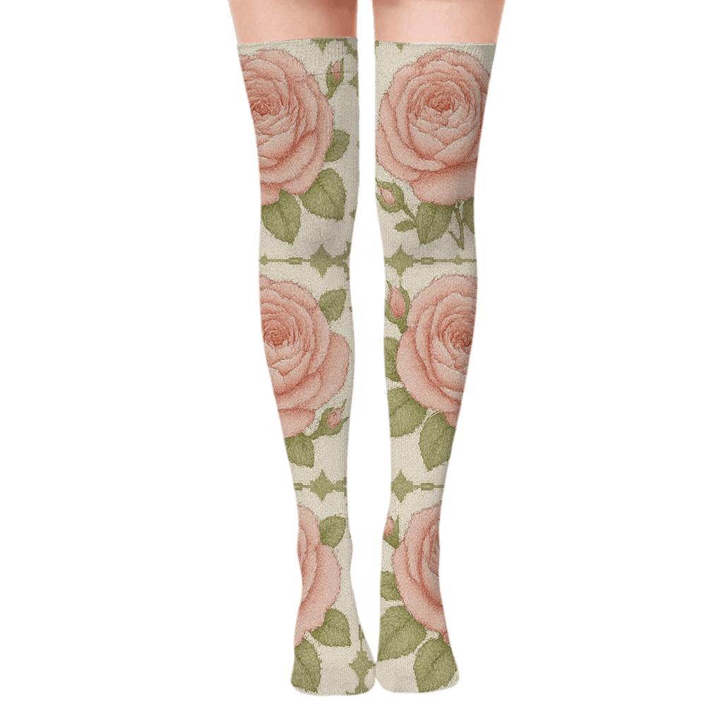 Pastel Rose Grid On Cream Background unique graphic over-the-knee socks