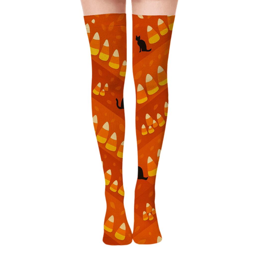 Candy Corn Chevron On Orange Background unique graphic over-the-knee socks