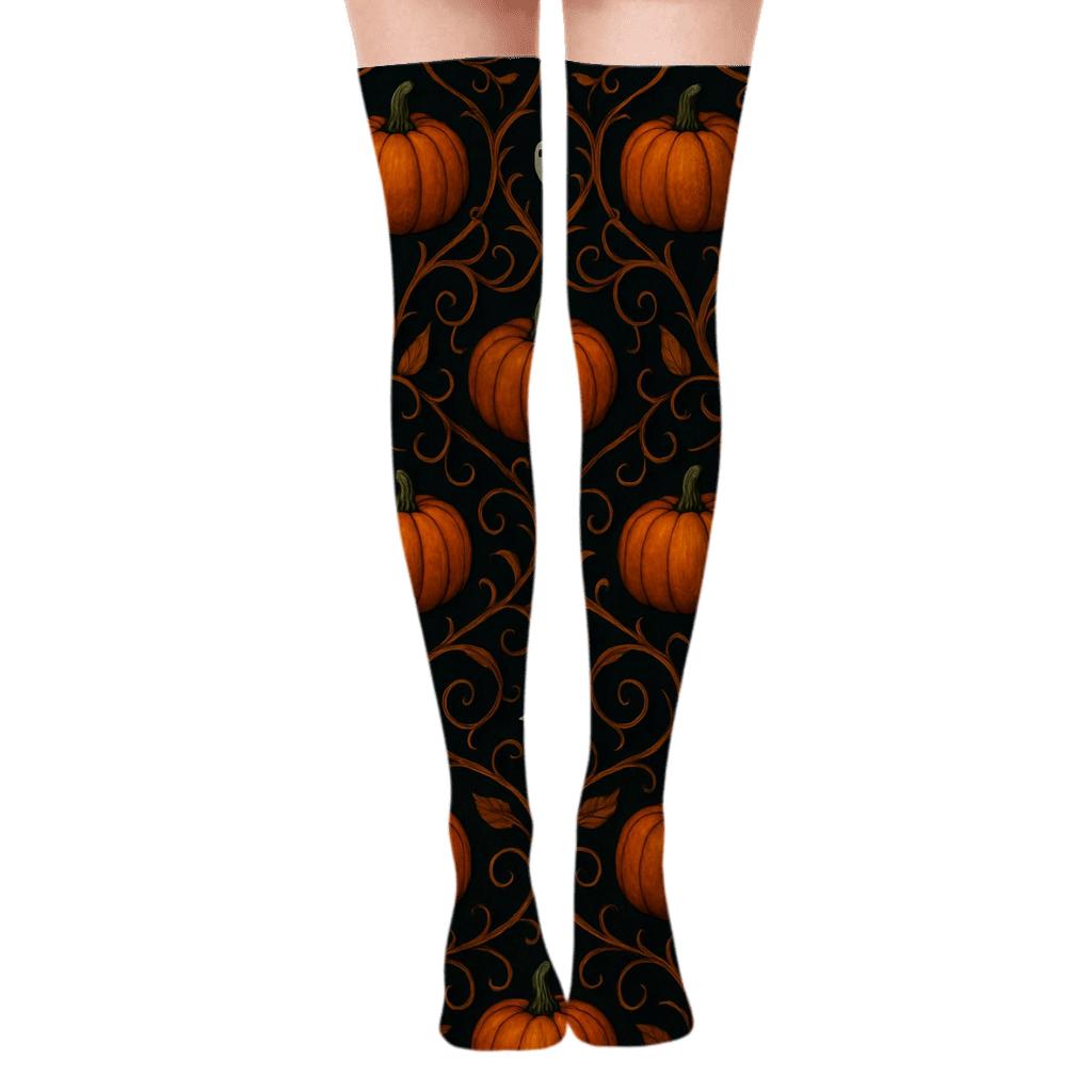 Pumpkin Vine Lattice On Black Background trendy patterned over-the-knee socks