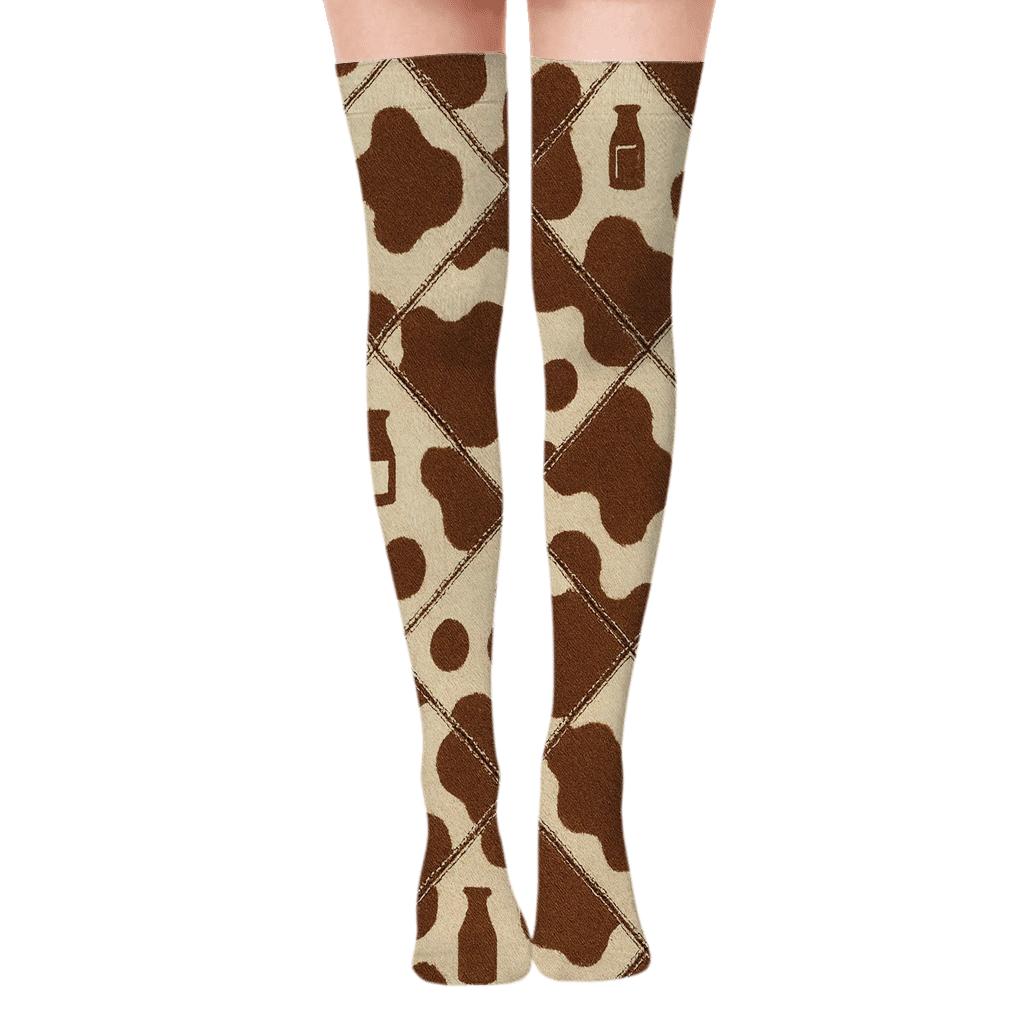 Warm Cream Denim Patchwork With Spot Overlay personalized over-the-knee socks