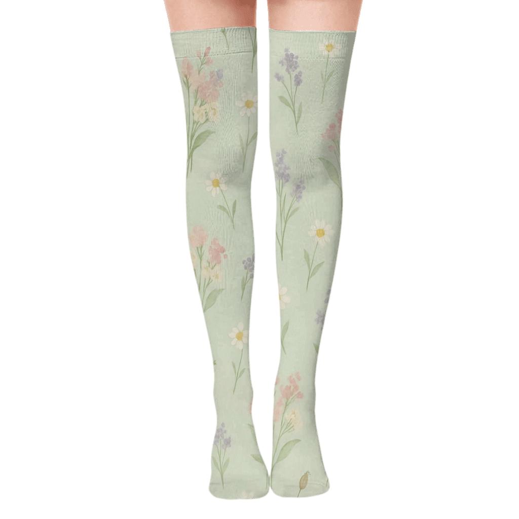 Watercolor Wildflower Scatter On Light Sage Background soft everyday over-the-knee socks