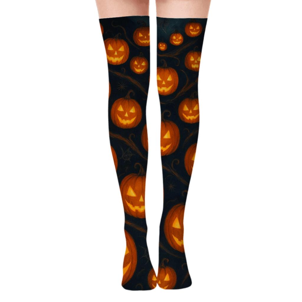 Diagonal Jack O Lantern Wave On Black Background unique graphic over-the-knee socks