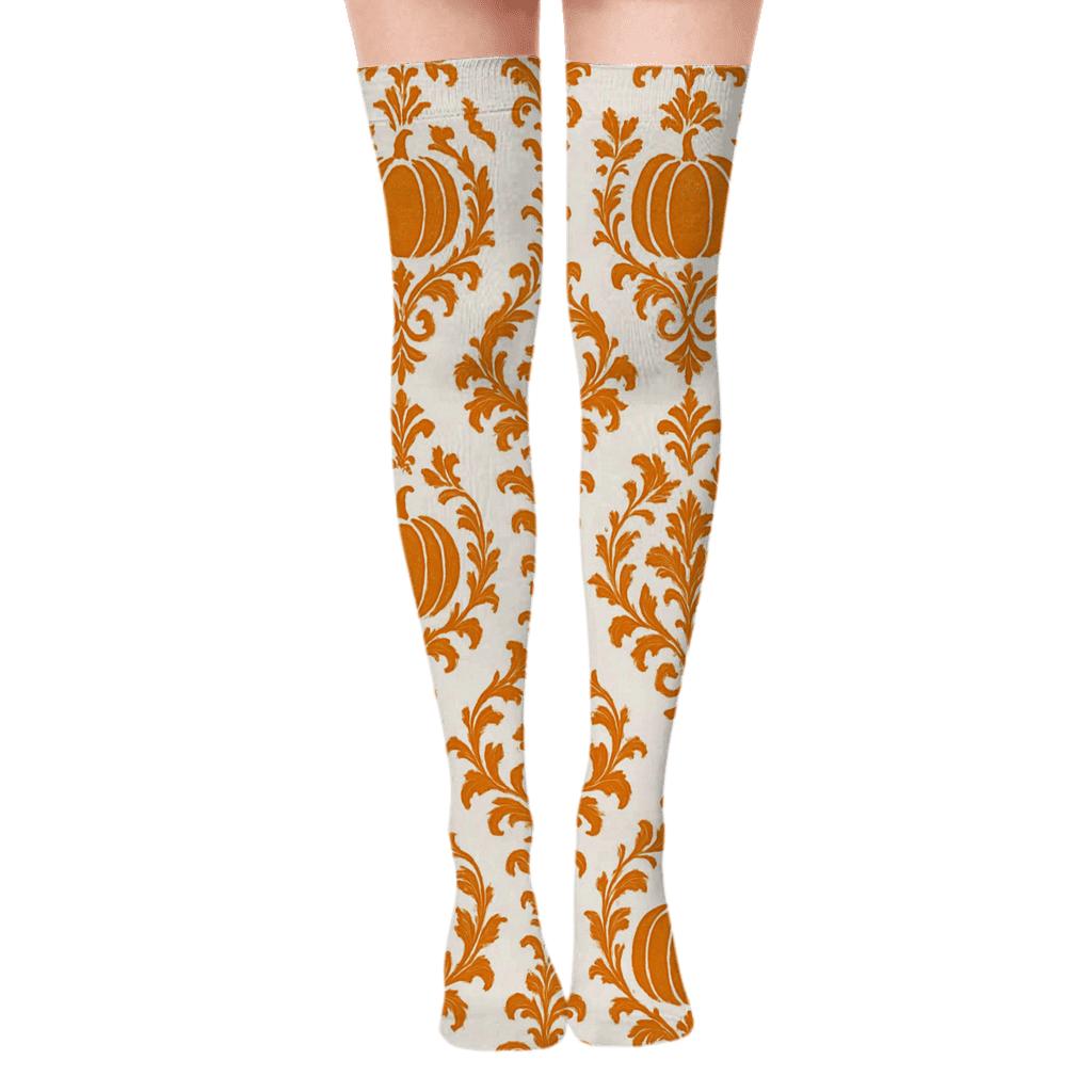 Pumpkin Damask Stripe On White Background unique graphic over-the-knee socks