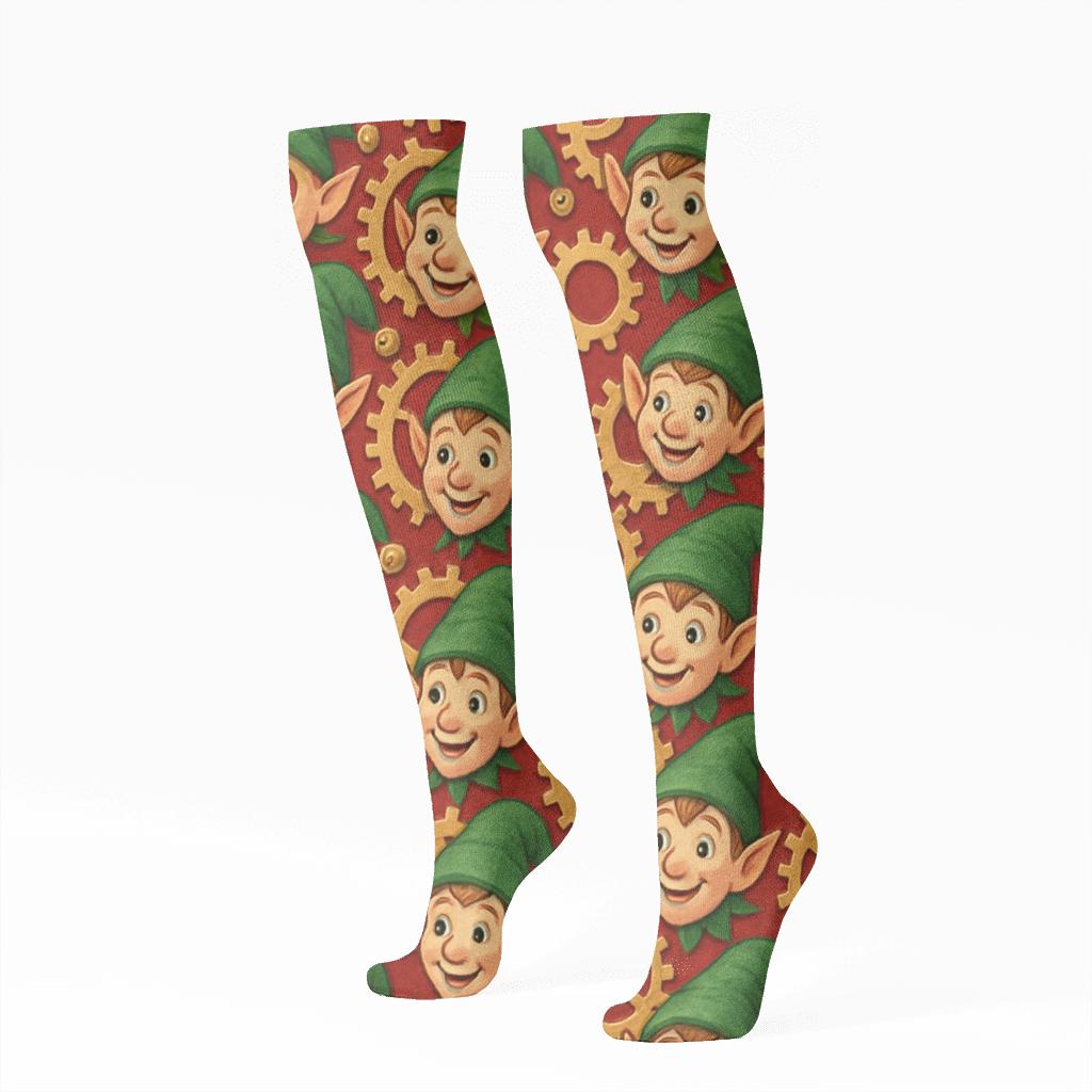 Elves Gearwork Holiday unique graphic knee-high socks
