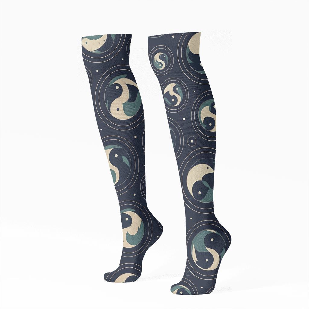 Dual Koi Circle Progression On Deep Indigo stylish athletic knee-high socks
