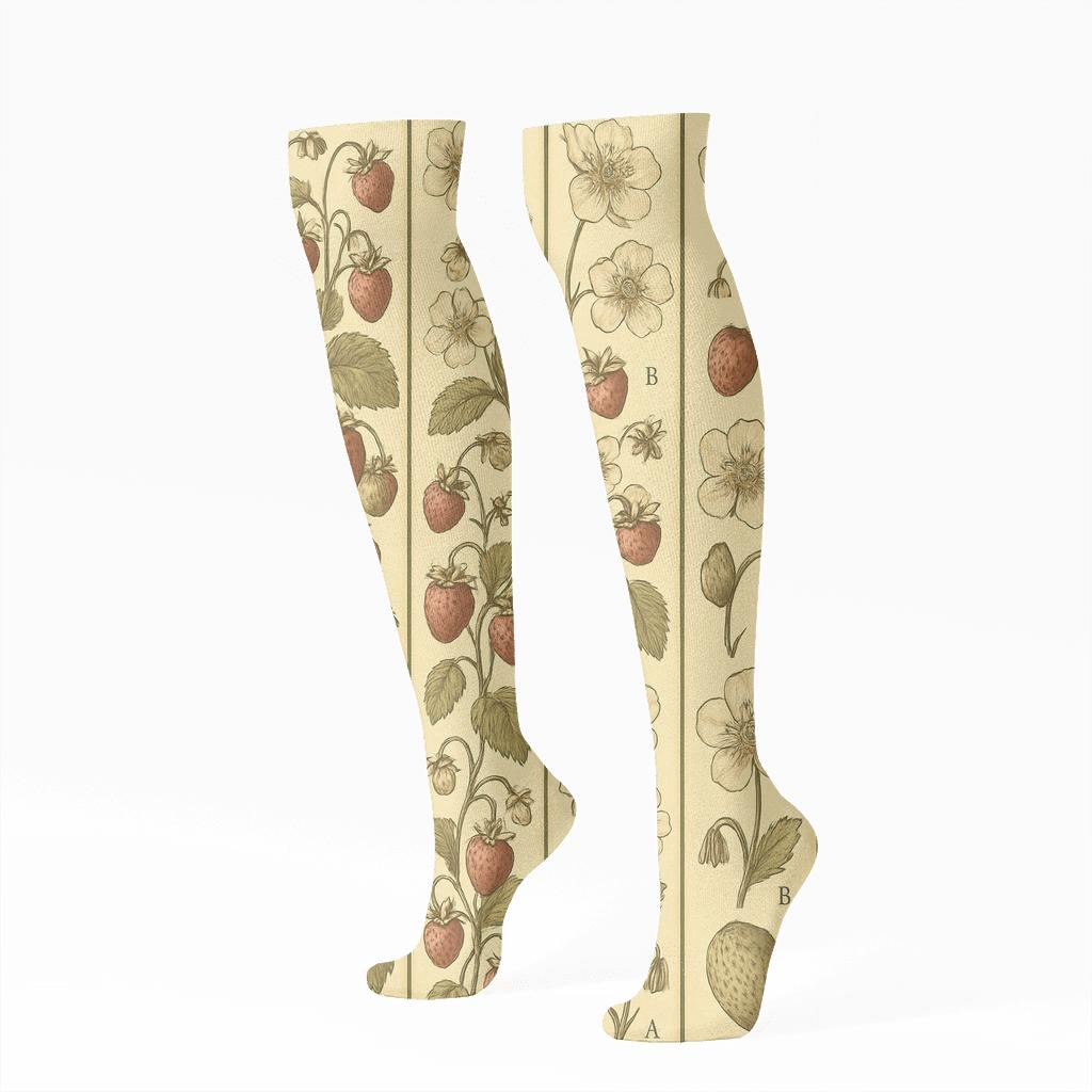 Vintage Strawberry Botanical Panel stylish athletic knee-high socks