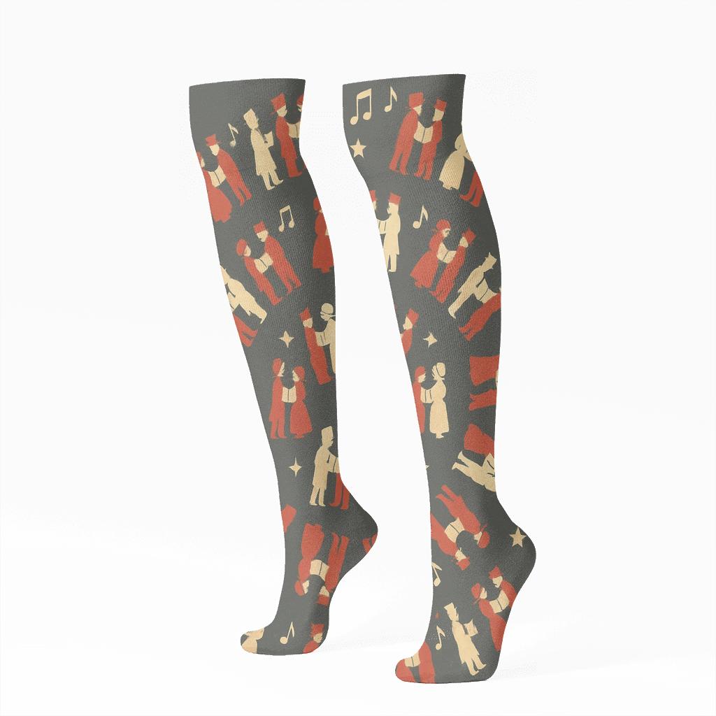 Merry Carolers Ring Holiday trendy patterned knee-high socks
