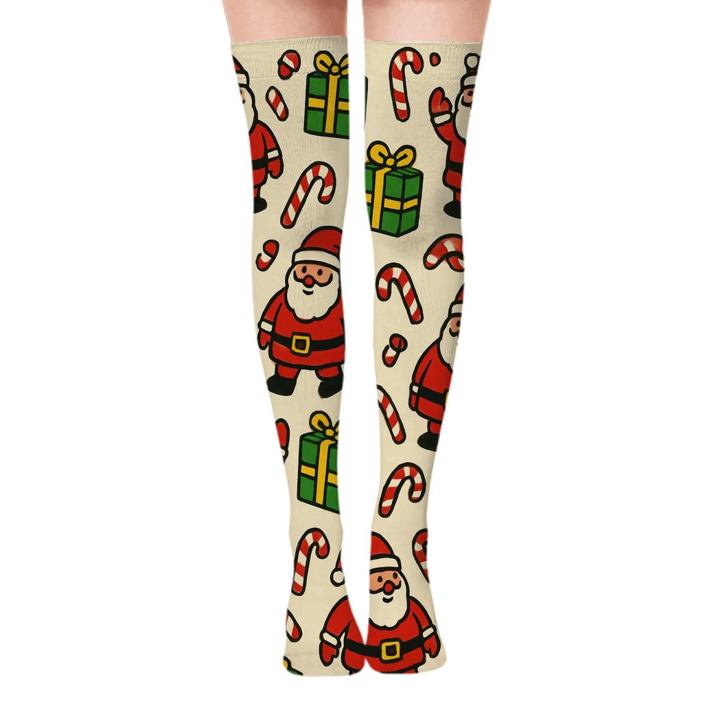 Xmas Santa Scatter On Ivory premium cozy over-the-knee socks