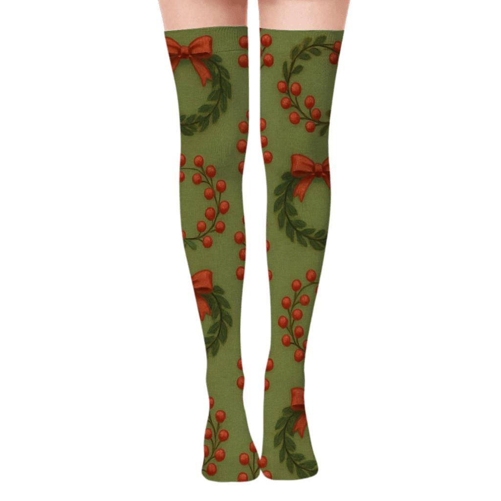 Holiday Wreath Alternating Tiles soft everyday over-the-knee socks