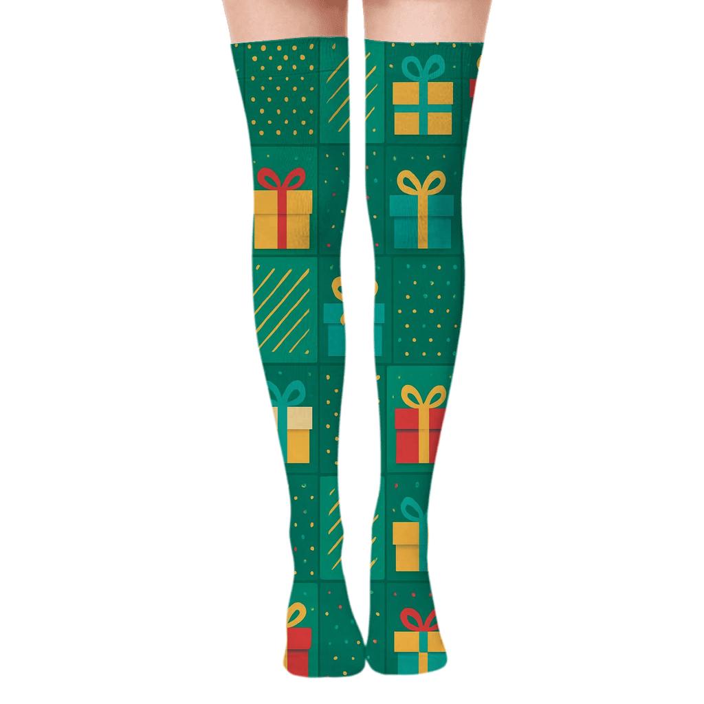 Xmas Present Mosaic Grid stylish fashion over-the-knee socks